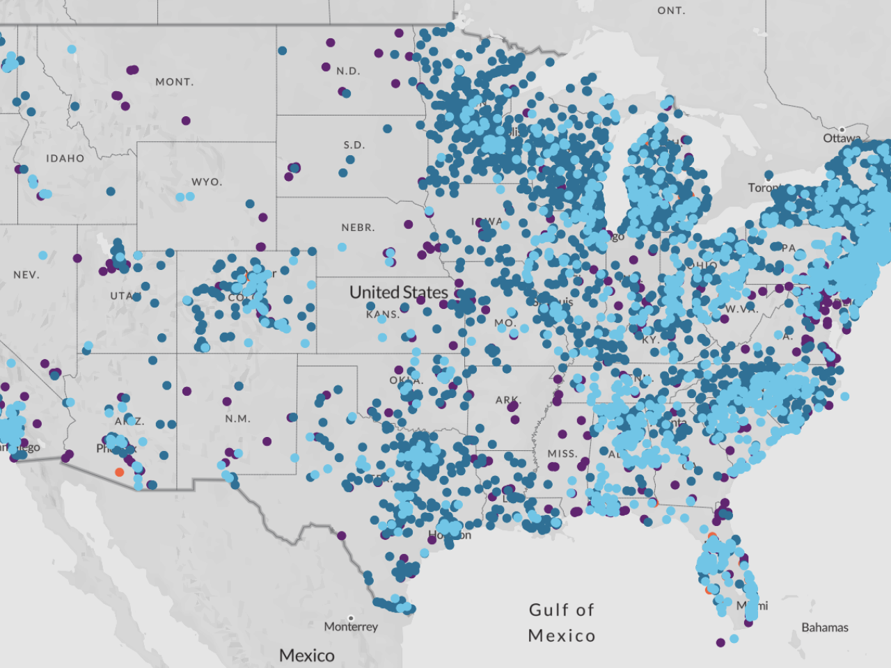 Map of the United States marked with various colored dots indicating locations.
